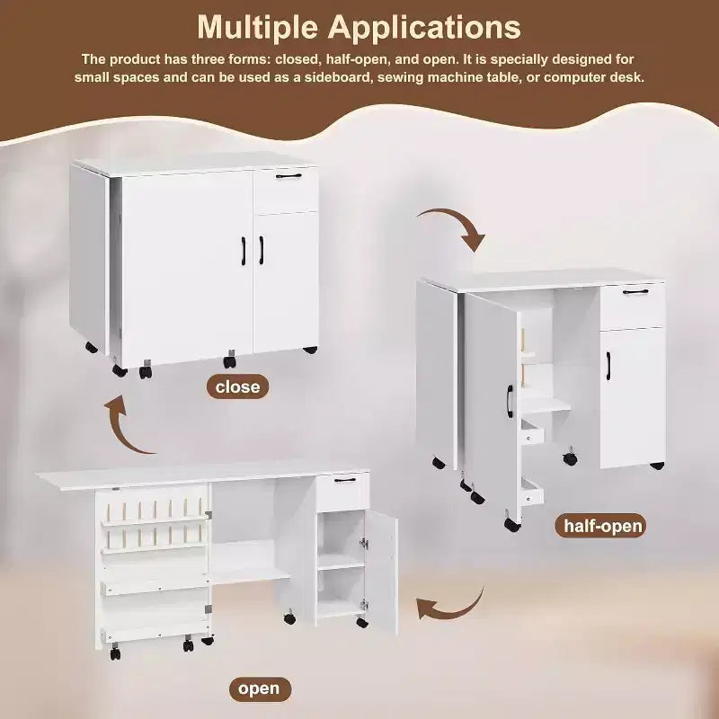 Meuble de machine à coudre pliant avec roulettes, table d'artisanat peu encombrante avec étagères de rangement et tiroir, bureau organisateur roulant pour chambre, petits espaces