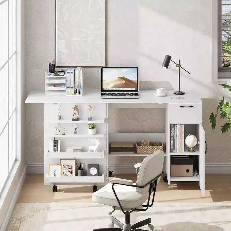 Meuble de machine à coudre pliant avec roulettes, table d'artisanat peu encombrante avec étagères de rangement et tiroir, bureau organisateur roulant pour chambre, petits espaces
