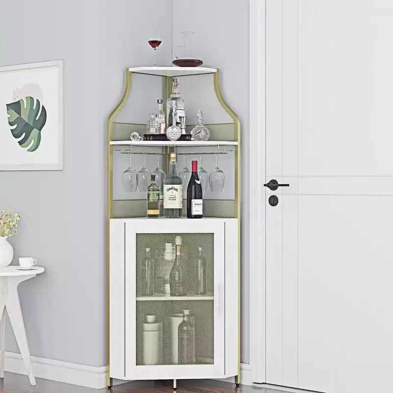Meuble de bar d'angle multifonctionnel avec casier à vin amovible, porte-verres et porte en maille - Buffet compact pour bar et salon