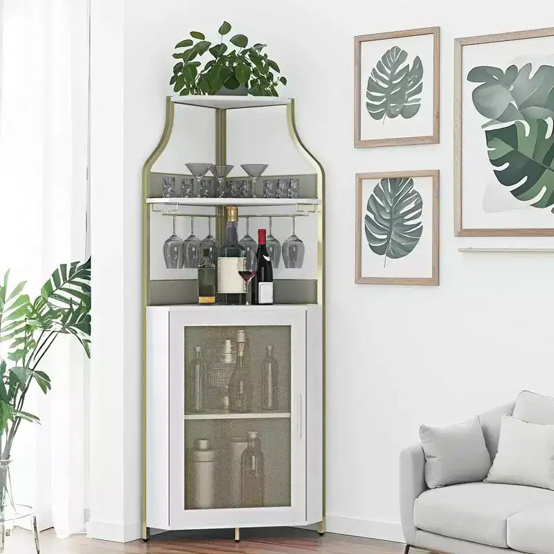 Meuble de bar d'angle multifonctionnel avec casier à vin amovible, porte-verres et porte en maille - Buffet compact pour bar et salon