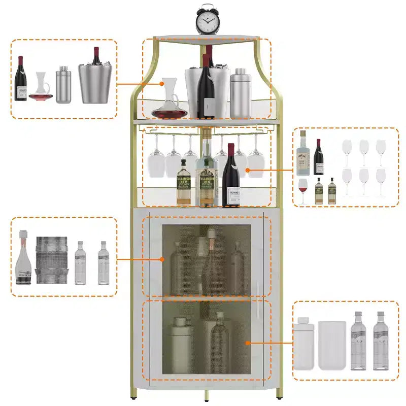 Meuble de bar d'angle multifonctionnel avec casier à vin amovible, porte-verres et porte en maille - Buffet compact pour bar et salon