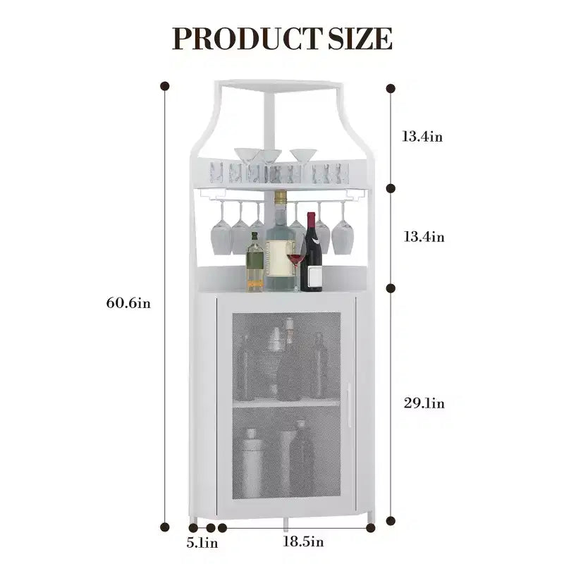 Meuble de bar d'angle multifonctionnel avec casier à vin amovible, porte-verres et porte en maille - Buffet compact pour bar et salon