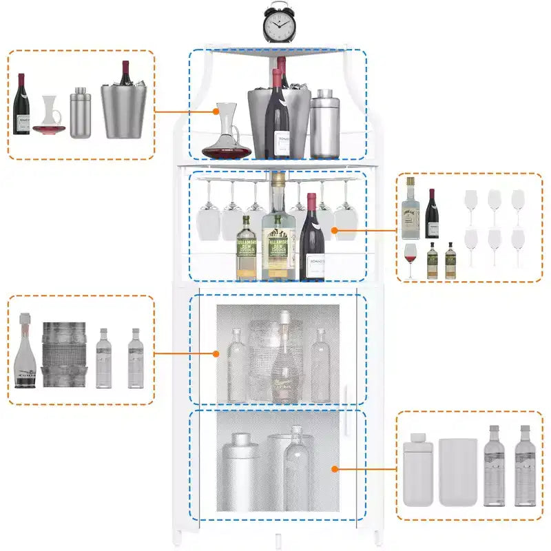 Meuble de bar d'angle multifonctionnel avec casier à vin amovible, porte-verres et porte en maille - Buffet compact pour bar et salon