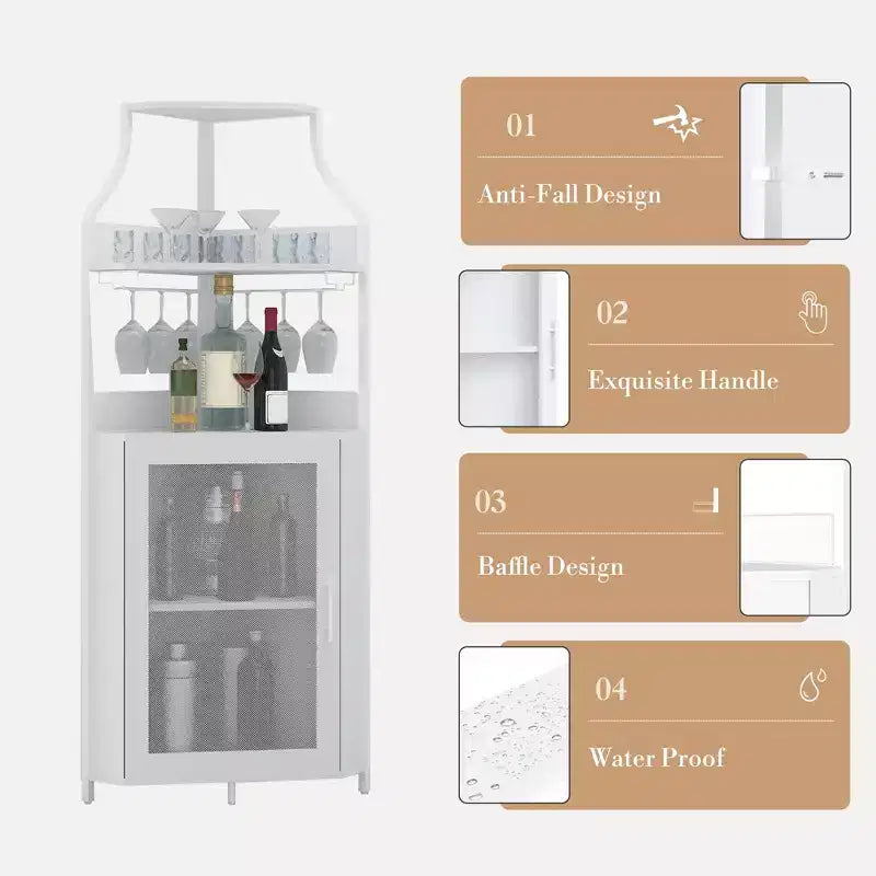 Meuble de bar d'angle multifonctionnel avec casier à vin amovible, porte-verres et porte en maille - Buffet compact pour bar et salon