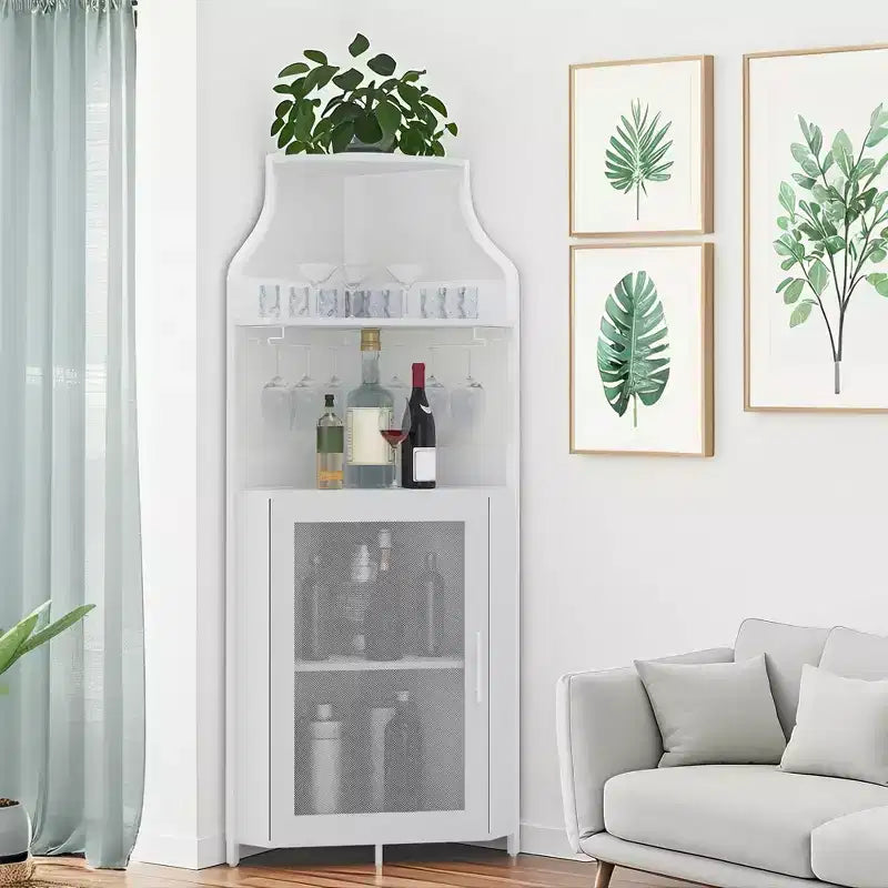 Meuble de bar d'angle multifonctionnel avec casier à vin amovible, porte-verres et porte en maille - Buffet compact pour bar et salon