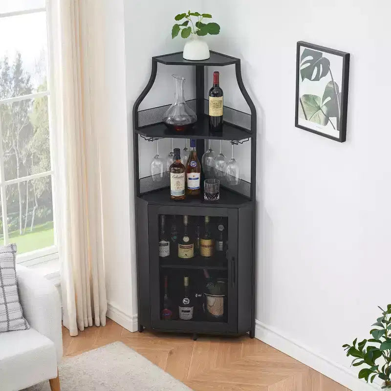 Meuble de bar d'angle multifonctionnel avec casier à vin amovible, porte-verres et porte en maille - Buffet compact pour bar et salon