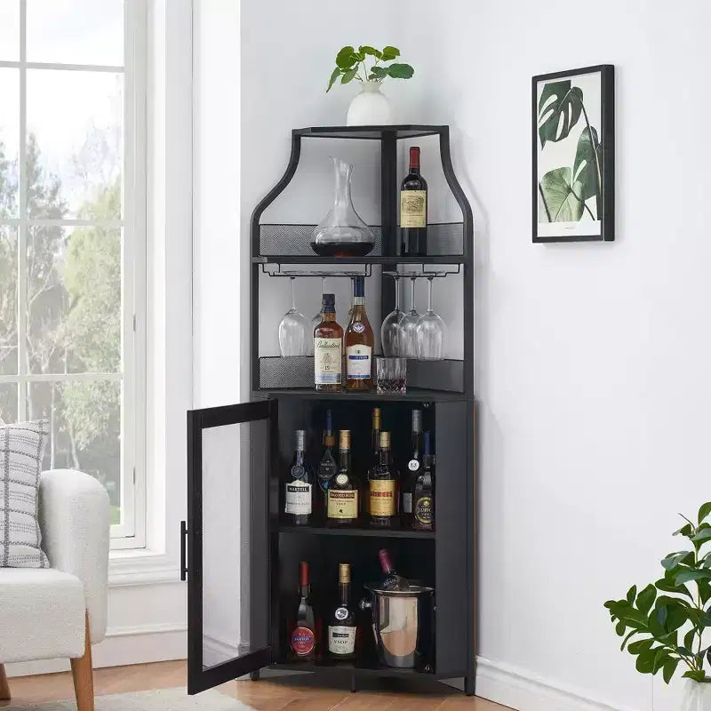Meuble de bar d'angle multifonctionnel avec casier à vin amovible, porte-verres et porte en maille - Buffet compact pour bar et salon