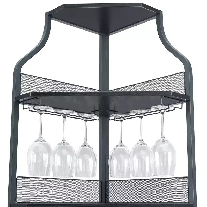 Meuble de bar d'angle multifonctionnel avec casier à vin amovible, porte-verres et porte en maille - Buffet compact pour bar et salon