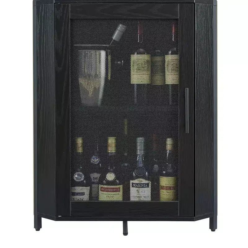 Meuble de bar d'angle multifonctionnel avec casier à vin amovible, porte-verres et porte en maille - Buffet compact pour bar et salon