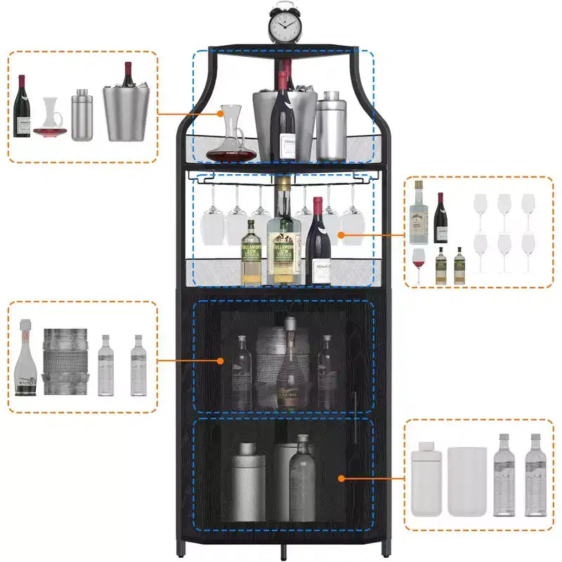 Meuble de bar d'angle multifonctionnel avec casier à vin amovible, porte-verres et porte en maille - Buffet compact pour bar et salon