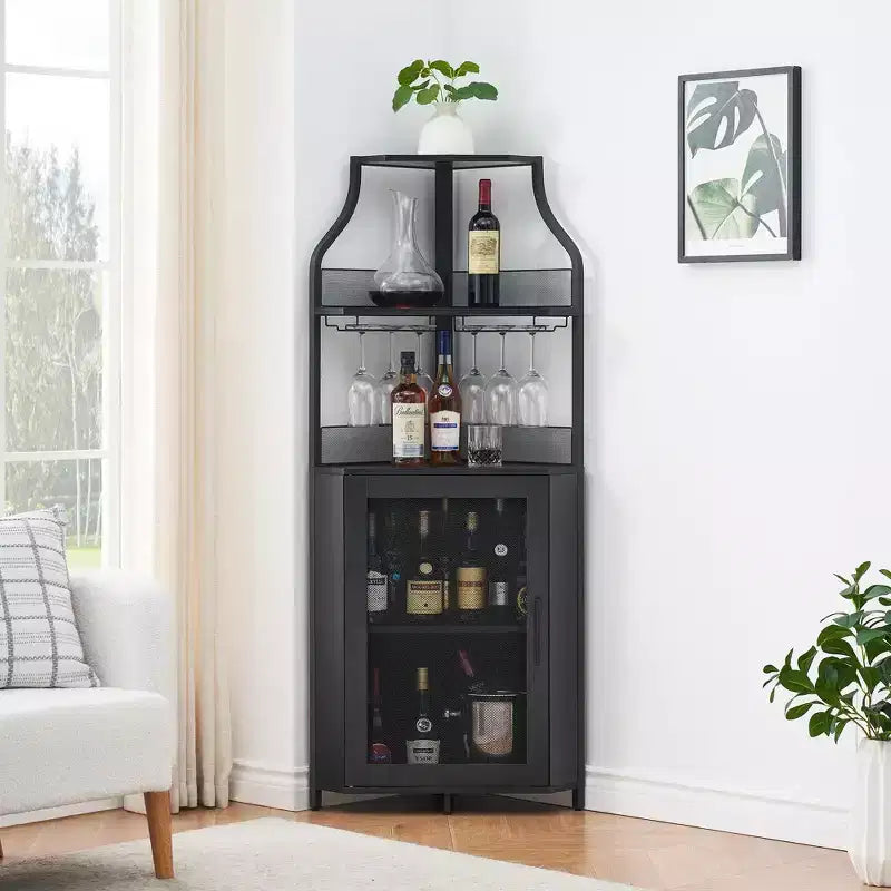 Multifunctional Corner Bar Cabinet with Detachable Wine Rack, Glass Holder & Mesh Door - Compact Sideboard for Home Bar&Living Room