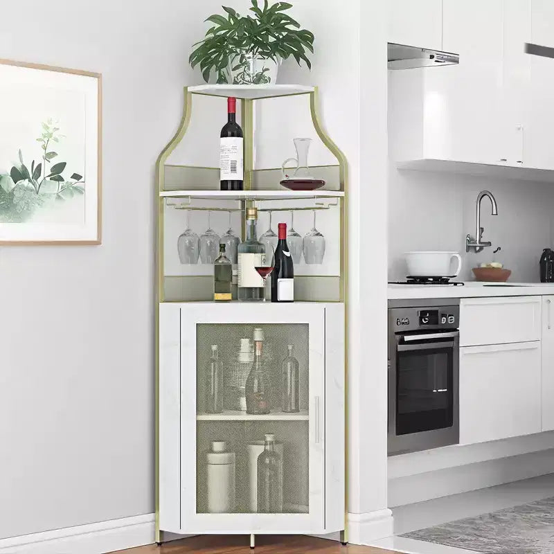 Meuble de bar d'angle multifonctionnel avec casier à vin amovible, porte-verres et porte en maille - Buffet compact pour bar et salon