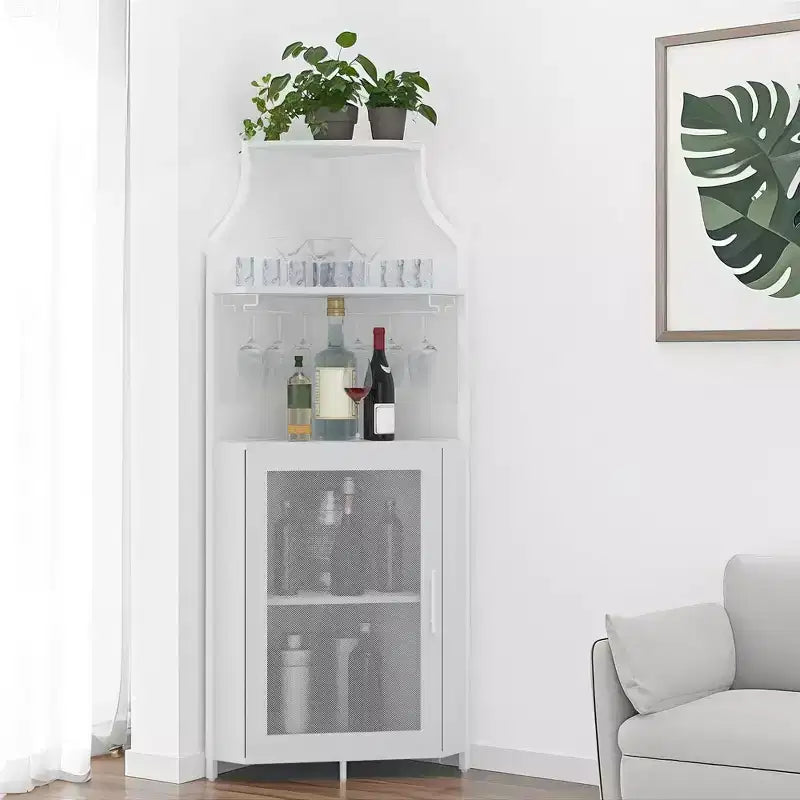 Meuble de bar d'angle multifonctionnel avec casier à vin amovible, porte-verres et porte en maille - Buffet compact pour bar et salon