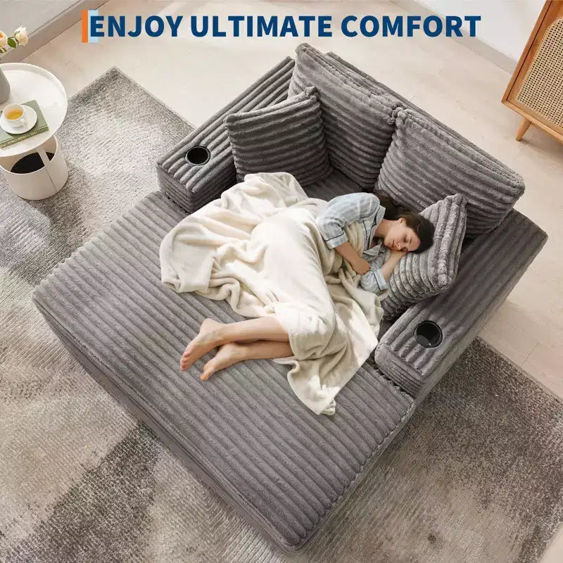 Oversized Chaise Lounge Chair Indoor, Comfy Corduroy Lounge Sofa with Charging Station, Cup Holders & Throw Pillows, Cozy Sleeper Couch