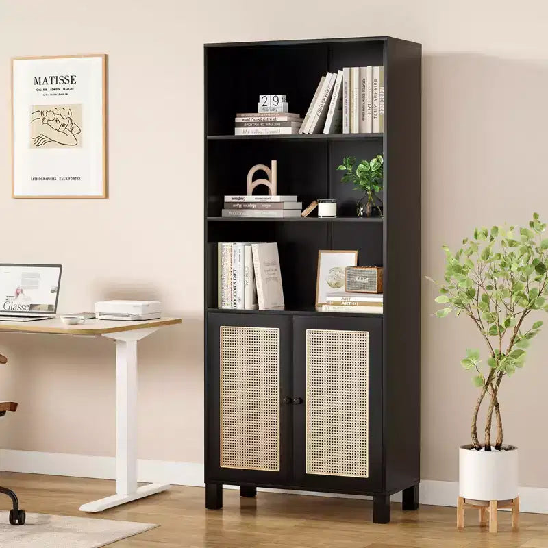 MAYEERTY Tall 5-Tier Bookcase with Rattan Doors, Wood Storage Shelves for Library Living Room Bedroom Home Office