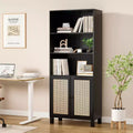 MAYEERTY Tall 5-Tier Bookcase with Rattan Doors, Wood Storage Shelves for Library Living Room Bedroom Home Office