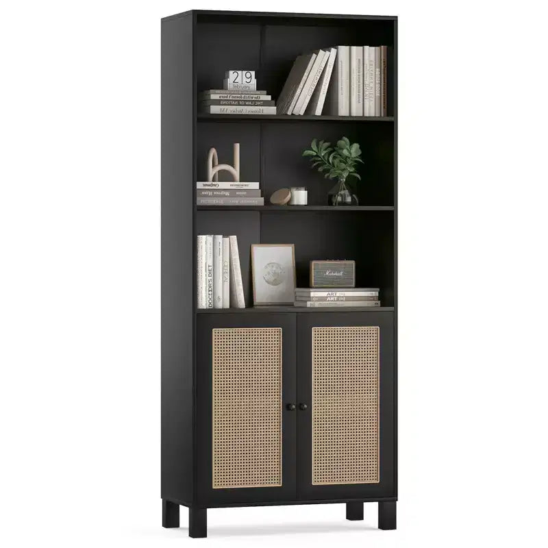 MAYEERTY Tall 5-Tier Bookcase with Rattan Doors, Wood Storage Shelves for Library Living Room Bedroom Home Office
