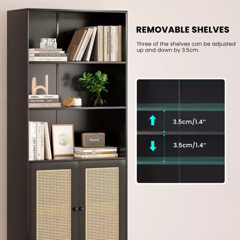 MAYEERTY Tall 5-Tier Bookcase with Rattan Doors, Wood Storage Shelves for Library Living Room Bedroom Home Office