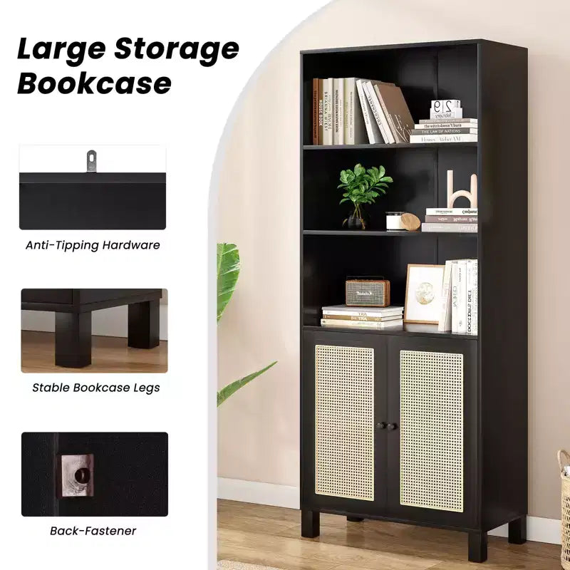 MAYEERTY Tall 5-Tier Bookcase with Rattan Doors, Wood Storage Shelves for Library Living Room Bedroom Home Office