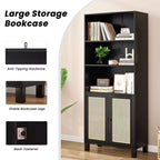 MAYEERTY Tall 5-Tier Bookcase with Rattan Doors, Wood Storage Shelves for Library Living Room Bedroom Home Office
