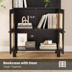 MAYEERTY Tall 5-Tier Bookcase with Rattan Doors, Wood Storage Shelves for Library Living Room Bedroom Home Office