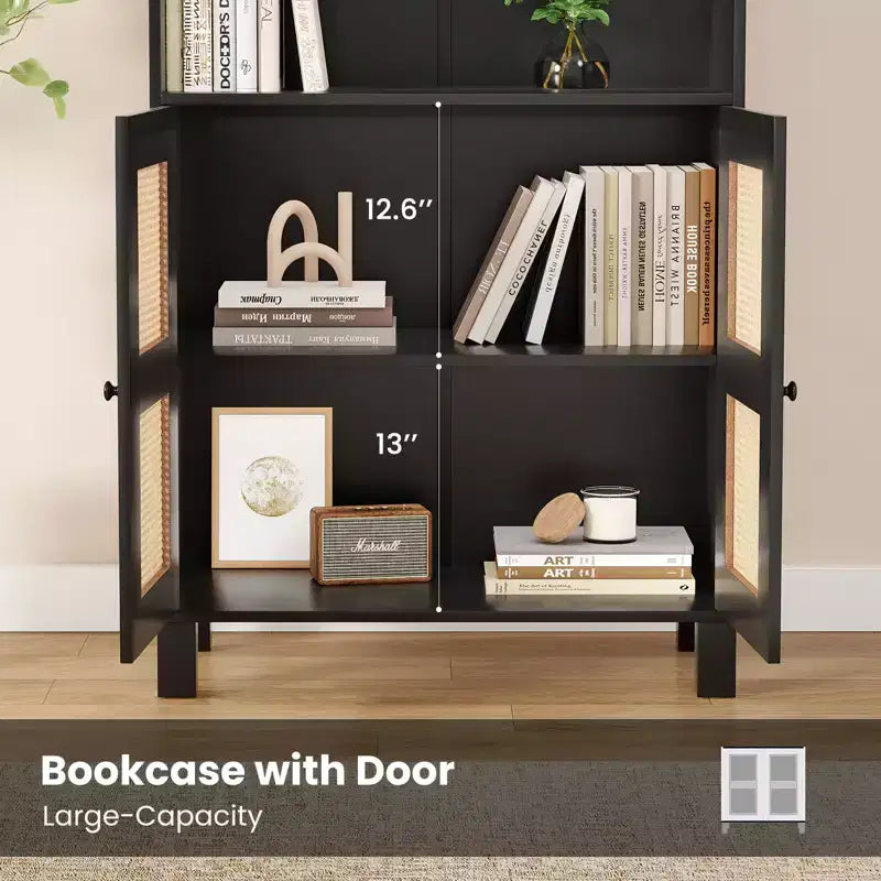 MAYEERTY Tall 5-Tier Bookcase with Rattan Doors, Wood Storage Shelves for Library Living Room Bedroom Home Office