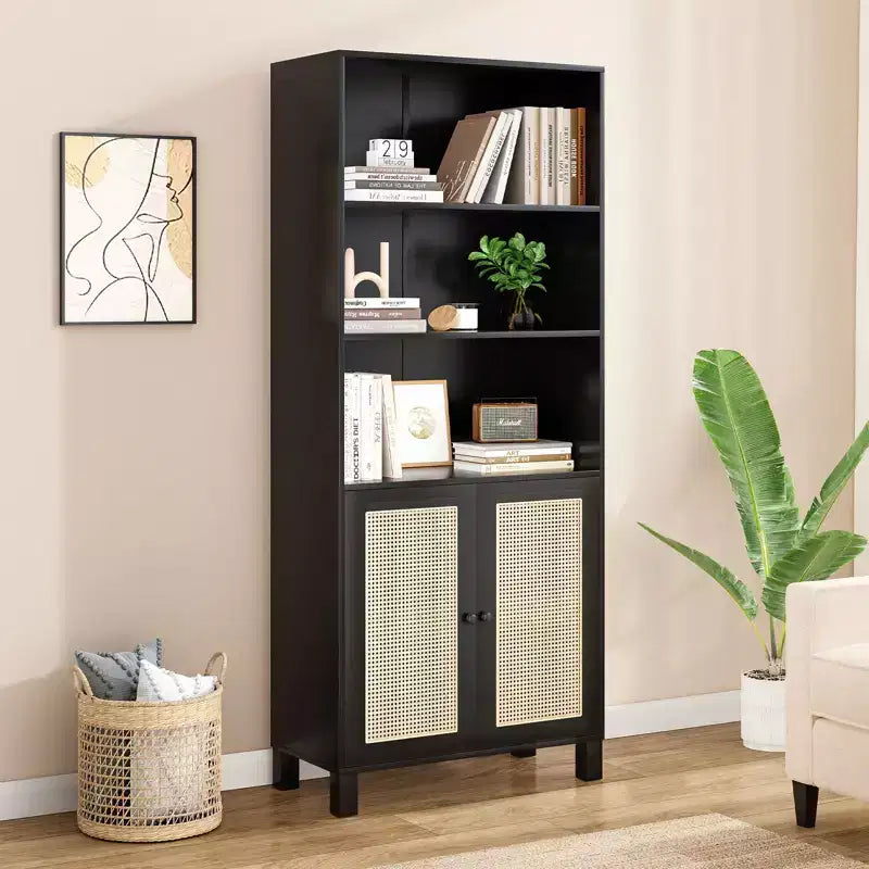 MAYEERTY Tall 5-Tier Bookcase with Rattan Doors, Wood Storage Shelves for Library Living Room Bedroom Home Office