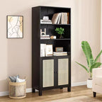 MAYEERTY Tall 5-Tier Bookcase with Rattan Doors, Wood Storage Shelves for Library Living Room Bedroom Home Office