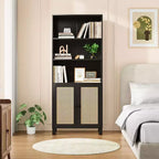 MAYEERTY Tall 5-Tier Bookcase with Rattan Doors, Wood Storage Shelves for Library Living Room Bedroom Home Office