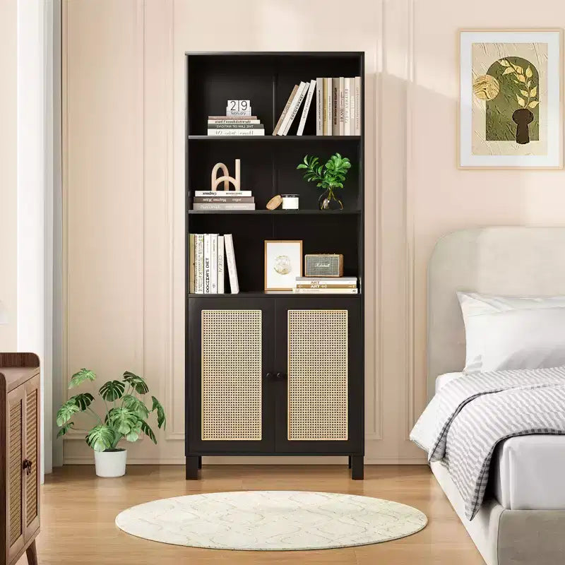 MAYEERTY Tall 5-Tier Bookcase with Rattan Doors, Wood Storage Shelves for Library Living Room Bedroom Home Office