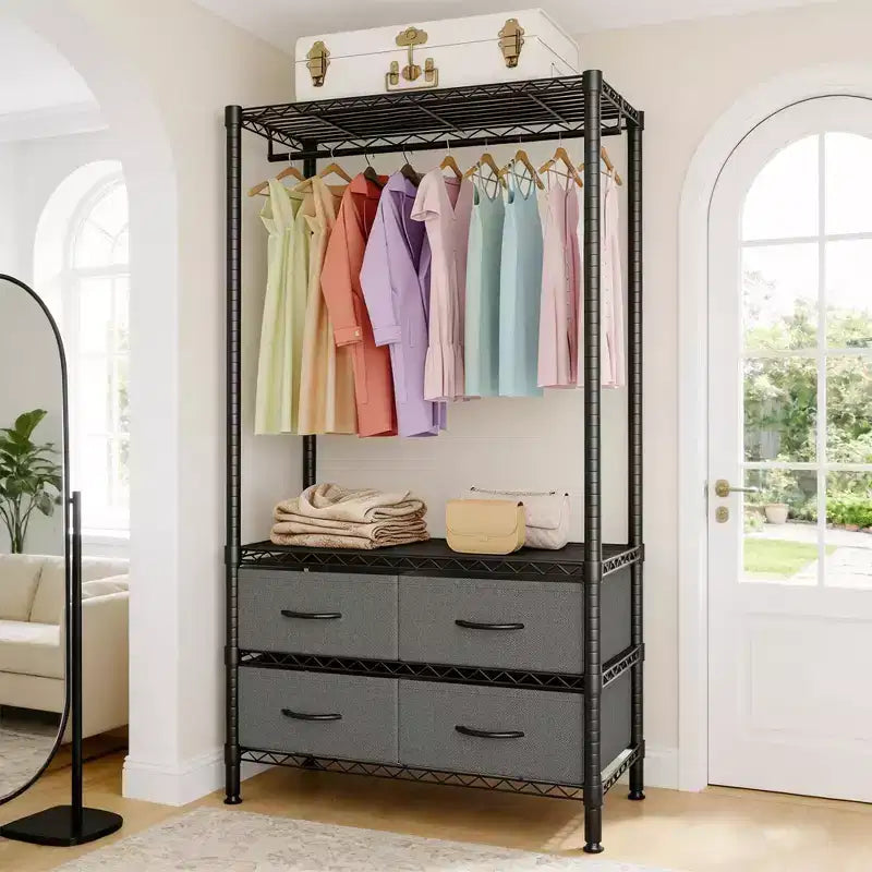 Freestanding Garment Rack with Adjustable Shelves and Four Fabric Drawers, Heavy Duty Clothing Organizer
