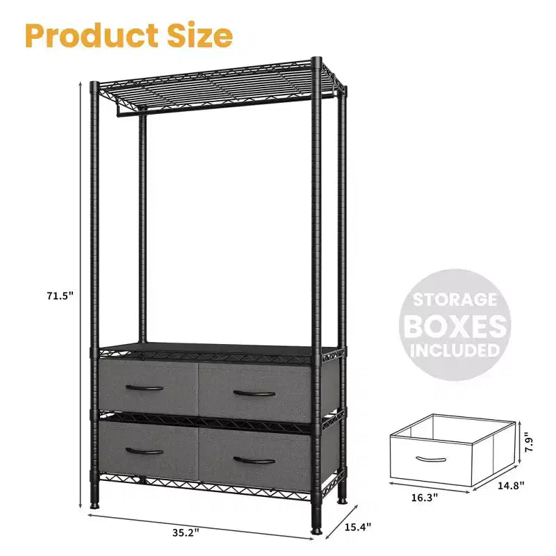 Freestanding Garment Rack with Adjustable Shelves and Four Fabric Drawers, Heavy Duty Clothing Organizer