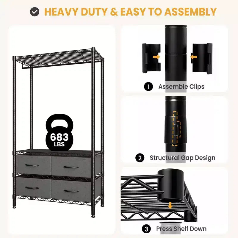 Freestanding Garment Rack with Adjustable Shelves and Four Fabric Drawers, Heavy Duty Clothing Organizer
