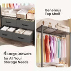 Freestanding Garment Rack with Adjustable Shelves and Four Fabric Drawers, Heavy Duty Clothing Organizer
