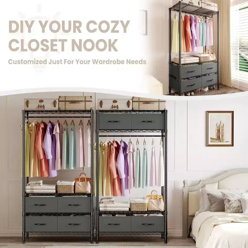 Freestanding Garment Rack with Adjustable Shelves and Four Fabric Drawers, Heavy Duty Clothing Organizer