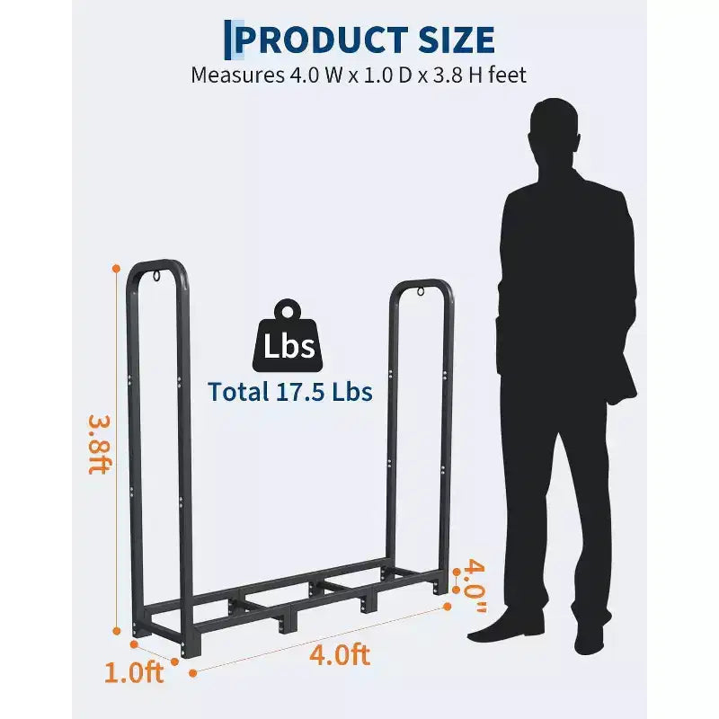 Firewood Rack Stand 4ft, Steel Log Holder, Wood Pile Storage Organizer, Adjustable Lumber Storage Stacker