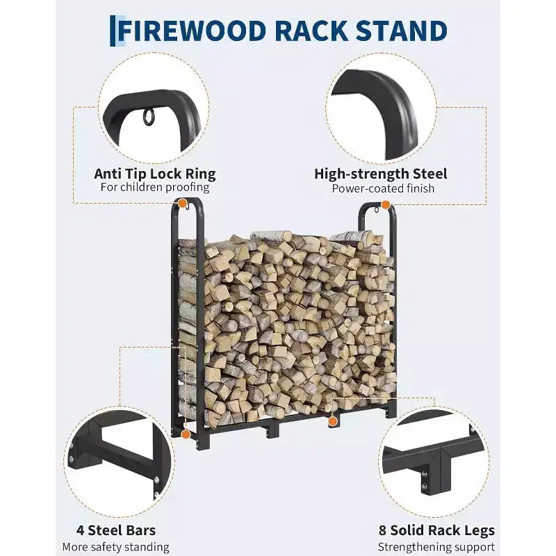 Firewood Rack Stand 4ft, Steel Log Holder, Wood Pile Storage Organizer, Adjustable Lumber Storage Stacker