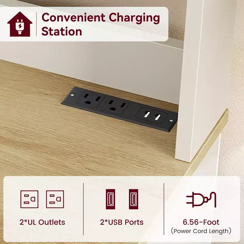 Meuble de cuisine Acekool avec prises USB et électriques, support de micro-ondes autoportant, portes vitrées, 4 étagères réglables, rangement de style ferme