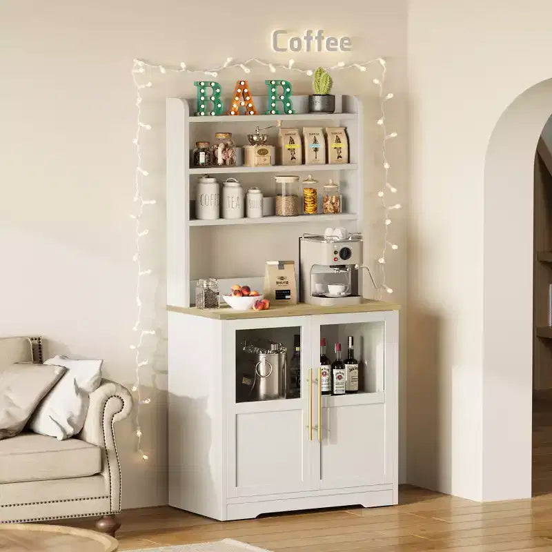Meuble de cuisine Acekool avec prises USB et électriques, support de micro-ondes autoportant, portes vitrées, 4 étagères réglables, rangement de style ferme