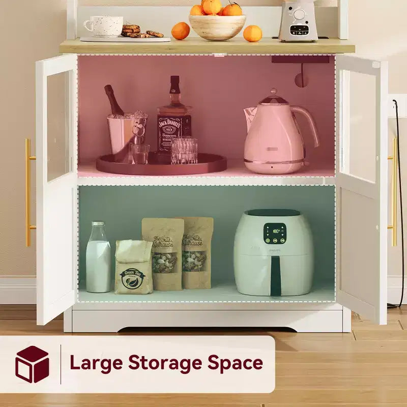 Meuble de cuisine Acekool avec prises USB et électriques, support de micro-ondes autoportant, portes vitrées, 4 étagères réglables, rangement de style ferme