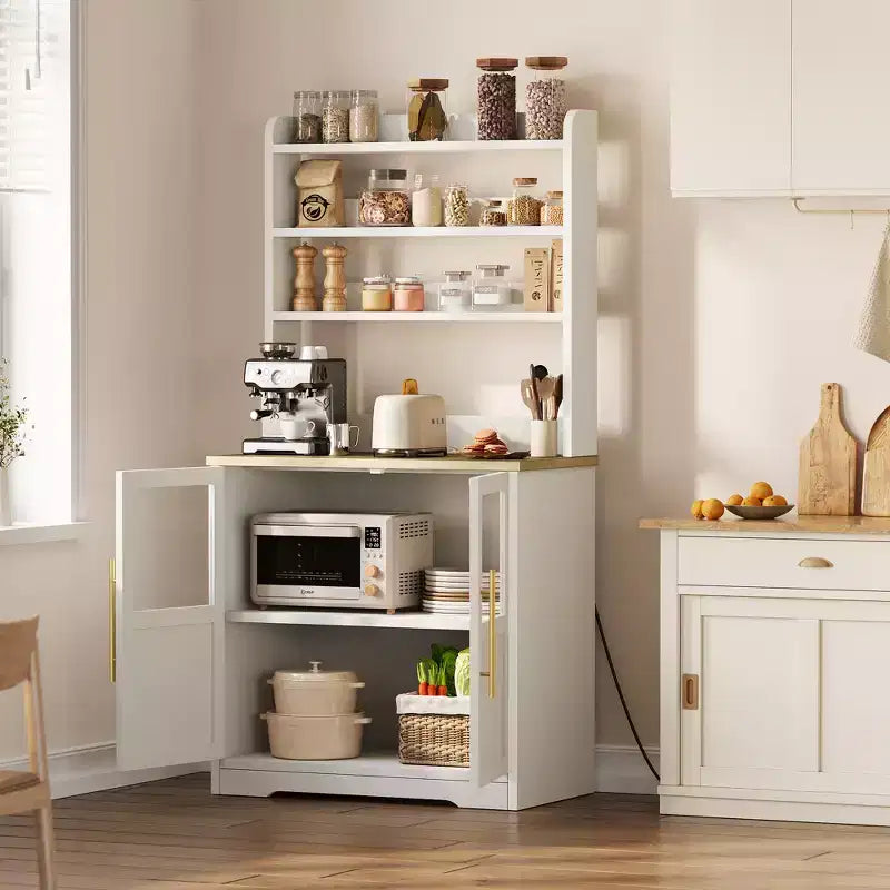 Meuble de cuisine Acekool avec prises USB et électriques, support de micro-ondes autoportant, portes vitrées, 4 étagères réglables, rangement de style ferme