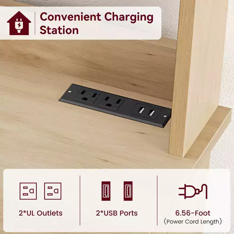 Meuble de cuisine Acekool avec prises USB et électriques, support de micro-ondes autoportant, portes vitrées, 4 étagères réglables, rangement de style ferme