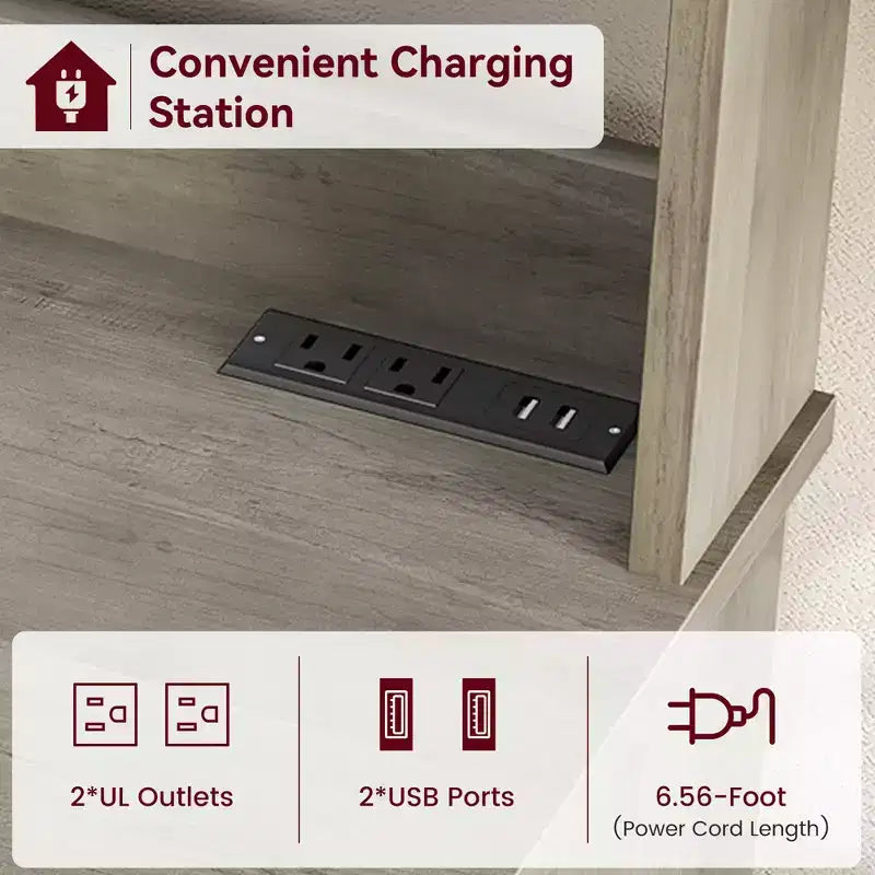 Meuble de cuisine Acekool avec prises USB et électriques, support de micro-ondes autoportant, portes vitrées, 4 étagères réglables, rangement de style ferme