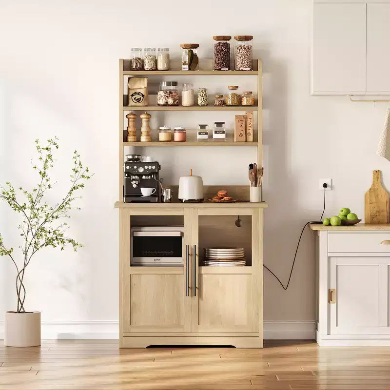 Meuble de cuisine Acekool avec prises USB et électriques, support de micro-ondes autoportant, portes vitrées, 4 étagères réglables, rangement de style ferme