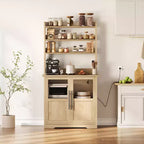 Meuble de cuisine Acekool avec prises USB et électriques, support de micro-ondes autoportant, portes vitrées, 4 étagères réglables, rangement de style ferme