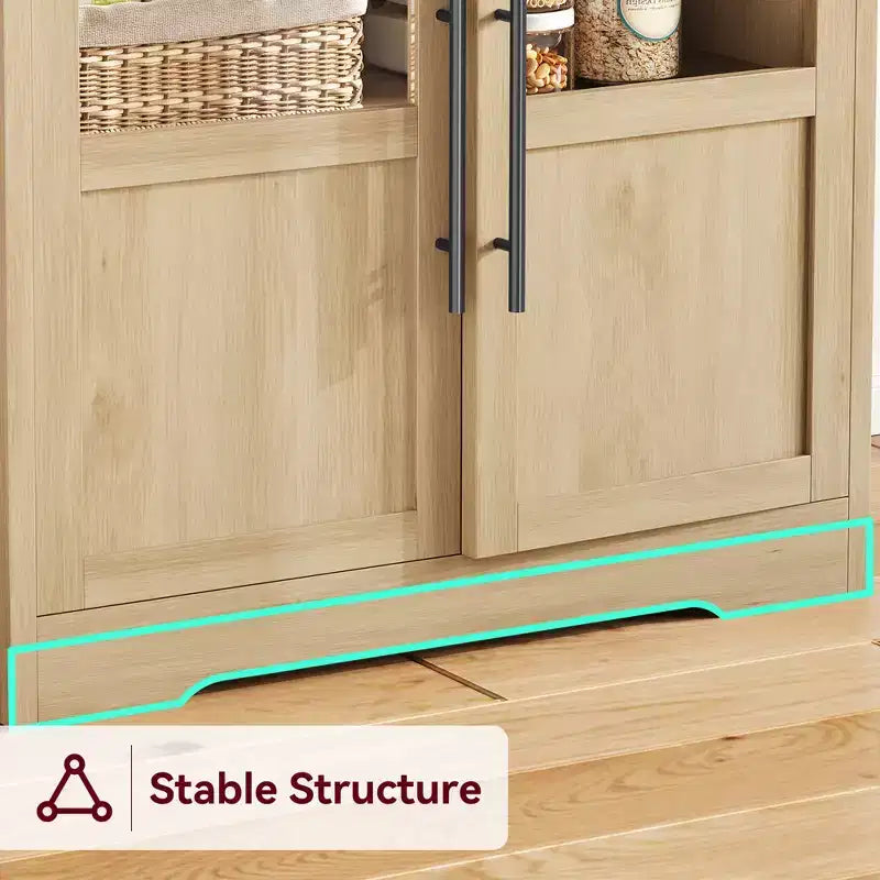 Meuble de cuisine Acekool avec prises USB et électriques, support de micro-ondes autoportant, portes vitrées, 4 étagères réglables, rangement de style ferme