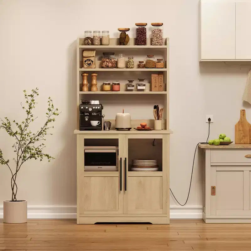 Meuble de cuisine Acekool avec prises USB et électriques, support de micro-ondes autoportant, portes vitrées, 4 étagères réglables, rangement de style ferme