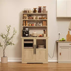 Meuble de cuisine Acekool avec prises USB et électriques, support de micro-ondes autoportant, portes vitrées, 4 étagères réglables, rangement de style ferme