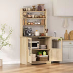 Meuble de cuisine Acekool avec prises USB et électriques, support de micro-ondes autoportant, portes vitrées, 4 étagères réglables, rangement de style ferme