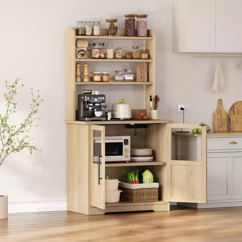 Meuble de cuisine Acekool avec prises USB et électriques, support de micro-ondes autoportant, portes vitrées, 4 étagères réglables, rangement de style ferme
